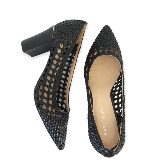 Marc Fisher Shoes - Marc Fisher Carly Black Woven Pump Pointed Toe block heels